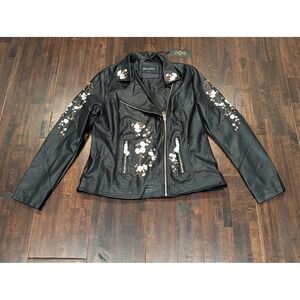 Bellivera Moto Jacket Womens XL Black Faux Leather Floral Embroidered Cherry